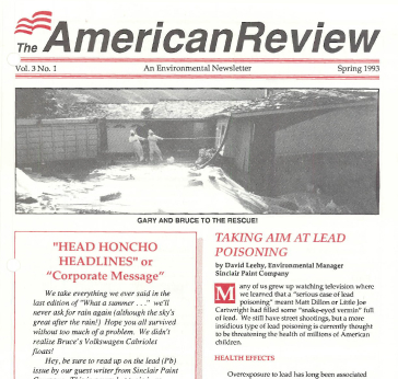 The American Review, Spring 1993, Vol. 3 No. 1, featuring articles on lead poisoning and a photo of two men rescuing a Volkswagen from floodwaters.