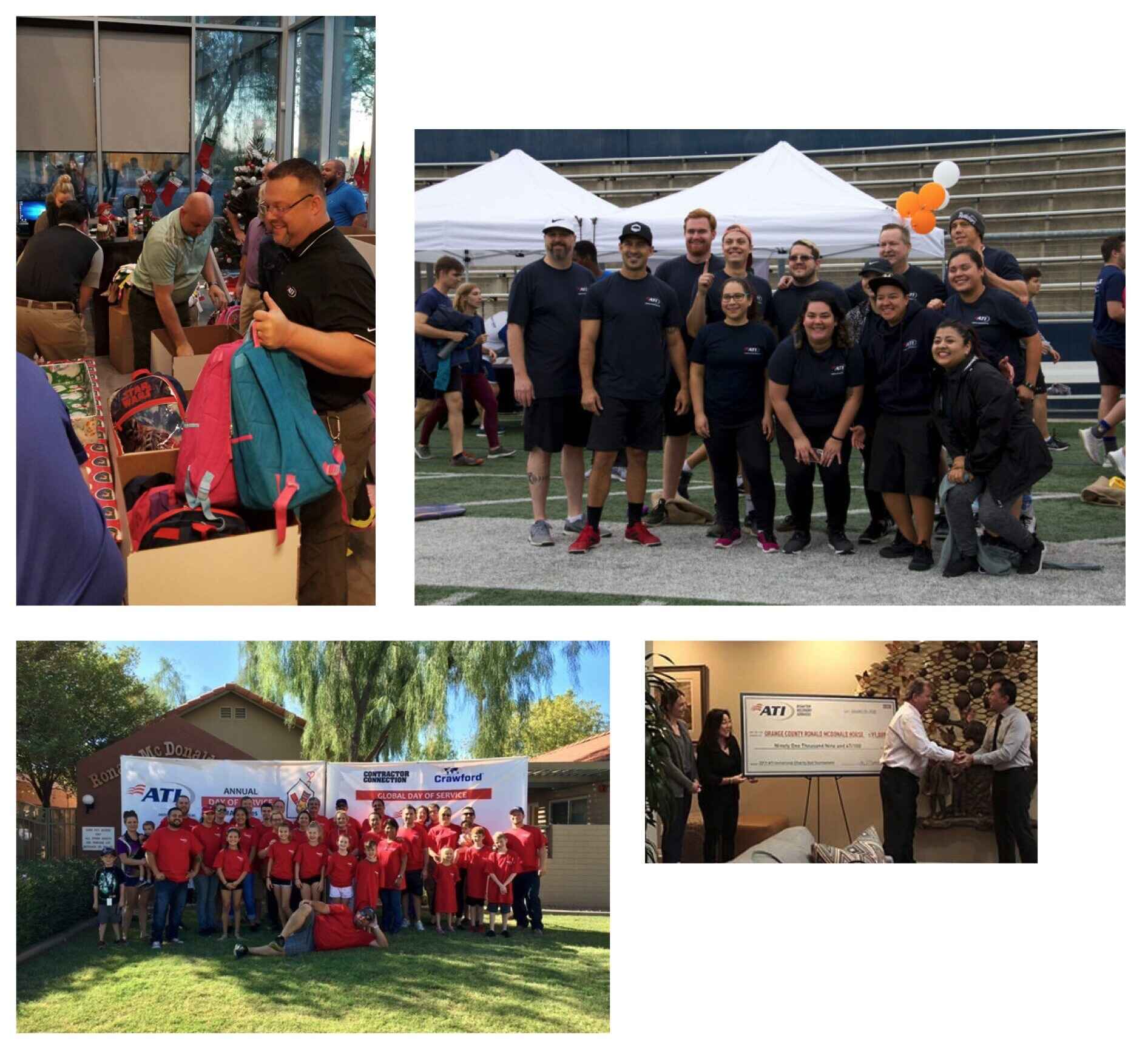 Collage of photos showing a group volunteering for a global day of service, packing backpacks, posing for a group photo, and presenting a large donation check.