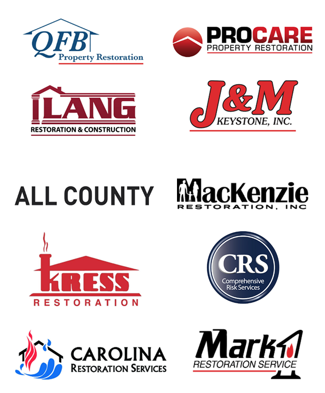 Logos for QFB Property Restoration, ProCare Property Restoration, Lang Restoration & Construction, J&M Keystone, Inc., All County, Mackenzie Restoration, Inc., Kress Restoration, CRS Comprehensive Risk Services, Carolina Restoration Services, and Mark Restoration Service.